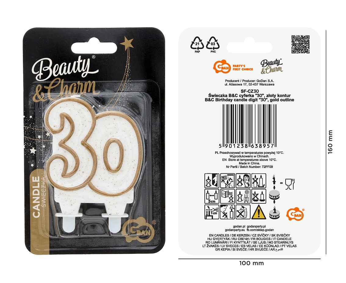 Birthday candle digit "30", gold outline, 8 cm